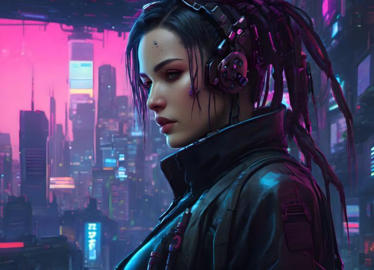 Cyberpunk,Cyberpunk, människor, kvinna, 1 tjej, solo, cyberpunk, realistisk, neonljus, hästsvans, jacka