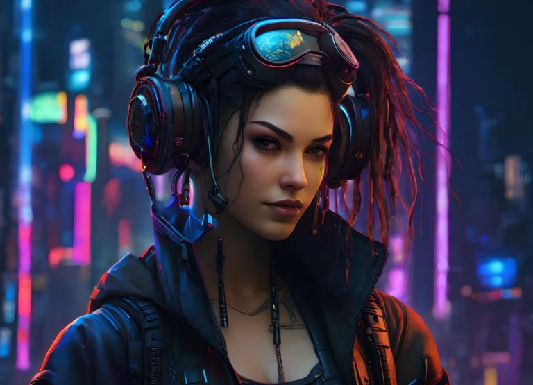 Cyberpunk,Cyberpunk, Lidé, žena, 1 dívka, sólo, ochranné brýle, brýle na hlavě, realistický, sluchátka, Bunda