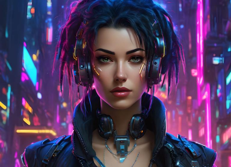 Cyberpunk,Cyberpunk, People, woman, 1girl, solo, cyberpunk, headphones, looking at viewer, short hair, jacket