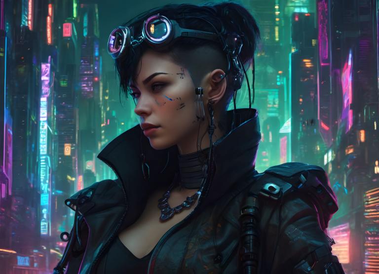 Cyberpunk,Cyberpunk, Mọi người, đàn bà, 1 cô gái, cyberpunk, đấu, đèn neon, trang sức, tóc đen, kính bảo hộ