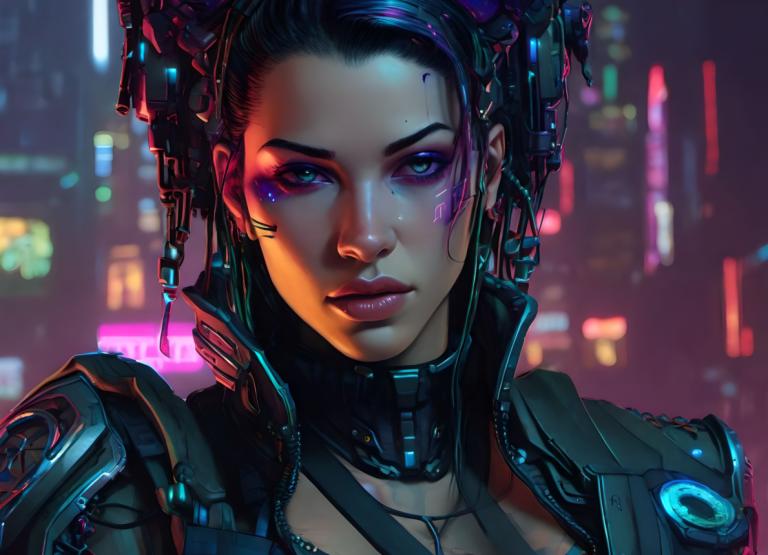 Cyberpunk,Cyberpunk, People, woman, 1girl, cyberpunk, solo, black hair, looking at viewer, makeup