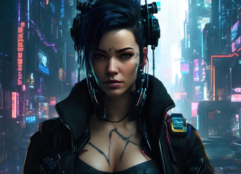 Cyberpunk,Cyberpunk, People, woman, cyberpunk, 1girl, breasts, realistic, cleavage, jacket, solo