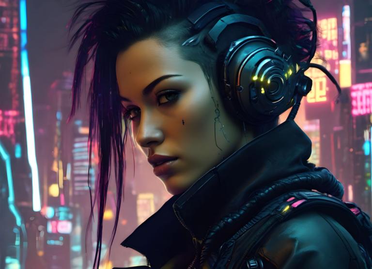 Cyberpunka,Cyberpunka, Ludzie, kobieta, 1 dziewczyna, solo, cyberpunk, słuchawki, realistyczny, kurtka