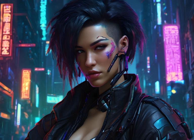 Cyberpunk,Cyberpunk, Mennesker, kvinne, cyberpunk, 1 jente, solo, neon lys, svart hår, kort hår, bryster