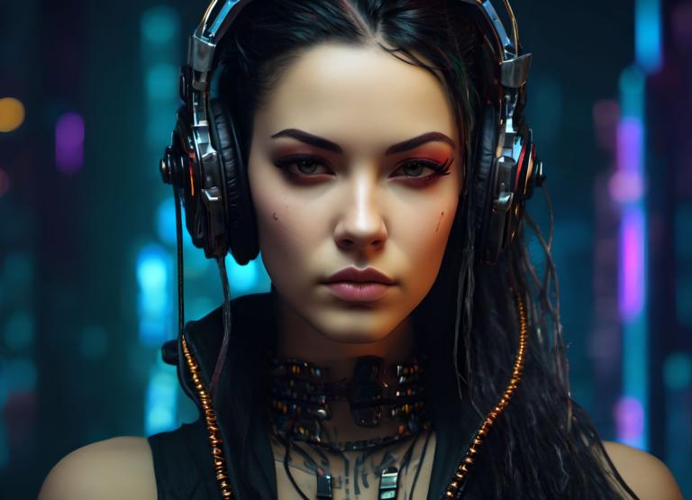 Cyberpunk,Cyberpunk, People, woman, 1girl, solo, black hair, headphones, long hair, looking at viewer, blurry