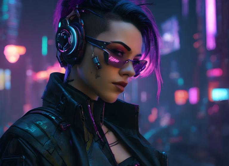 Cyberpunk,Cyberpunk, People, woman, 1girl, solo, cyberpunk, jacket, undercut, sunglasses, blurry