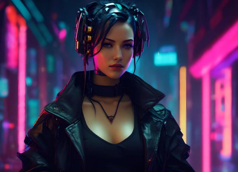 Cyberpunk,Cyberpunk, People, woman, 1girl, solo, jacket, jewelry, neon lights, breasts, necklace, choker