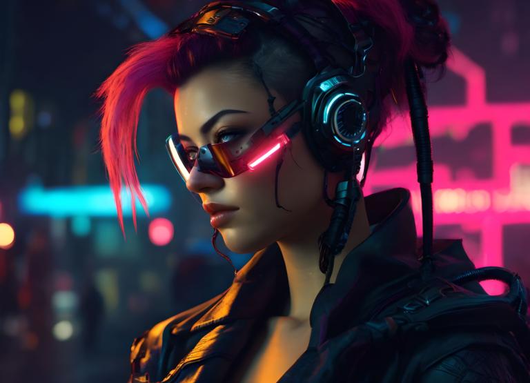 Cyberpunk,Cyberpunk, Personnes, femme, 1fille, solo, casque, veste, flou, cyberpunk, néons, écouteurs, nez