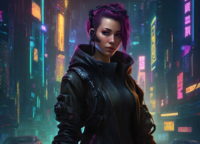 Cyberpunk,Cyberpunk, Mọi người, đàn bà, 1 cô gái, cyberpunk, đèn neon, đấu, áo khoác, tóc màu tím, mũi