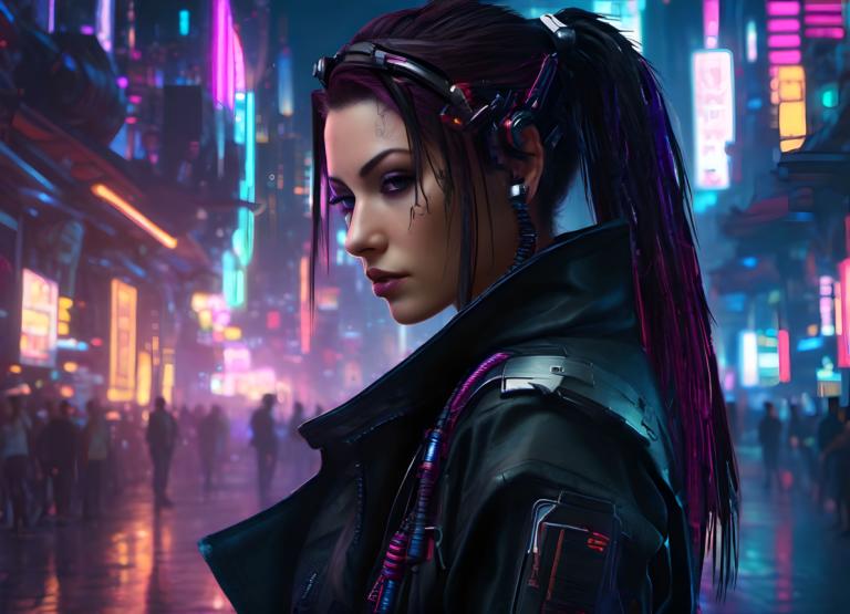 Cyberpunka,Cyberpunka, Ludzie, kobieta, 1 dziewczyna, koński ogon, długie włosy, światła neonowe, cyberpunk