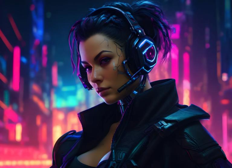 Cyberpunk,Cyberpunk, People, woman, 1girl, cyberpunk, solo, jacket, headset, black hair, neon lights, nose