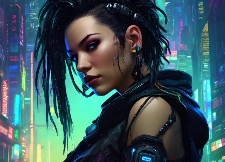 Cyberpunk,Cyberpunk, Ανθρωποι, γυναίκα, 1 κορίτσι, μονοφωνία, κυβερνοπάνκ, σκουλαρίκια, μαύρα μαλλιά