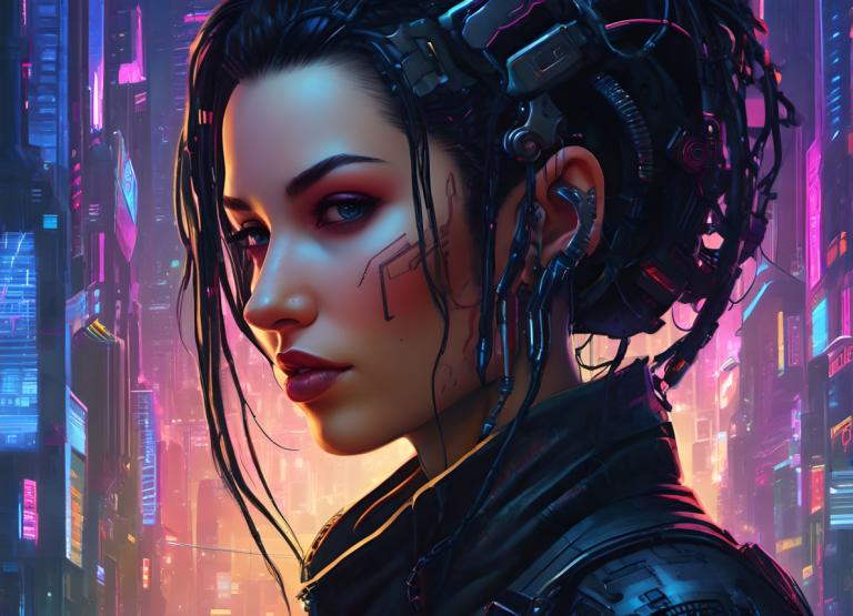 Cyberpunk,Cyberpunk, Ljudje, ženska, 1 dekle, solo, cyberpunk, Črni lasje, znanstvena fantastika, portret