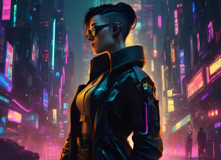 Cyberpunk,Cyberpunk, People, woman, cyberpunk, 1girl, neon lights, jacket, hair bun, jewelry, solo focus