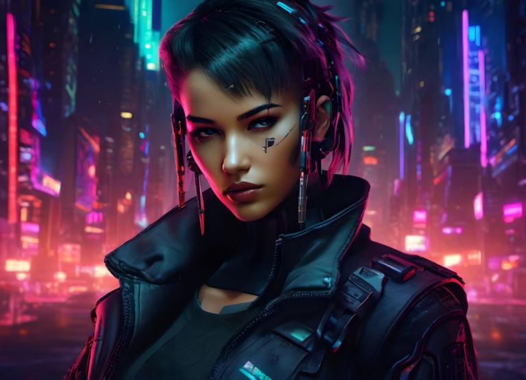 Cyberpunk,Cyberpunk, Mennesker, kvinde, 1 pige, cyberpunk, solo, jakke, neonlys, sort hår, kort hår