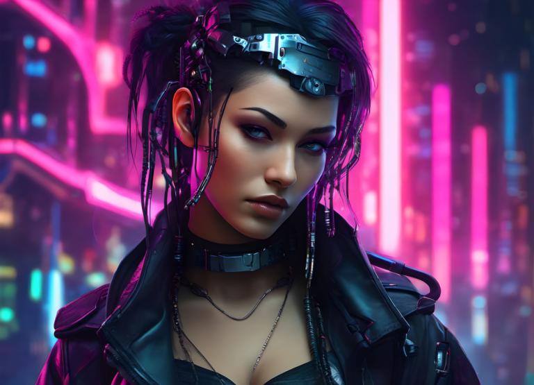 Cyberpunk,Cyberpunk, Lidé, žena, 1 dívka, sólo, šperky, neonová světla, realistický, tlumič, kyberpunk