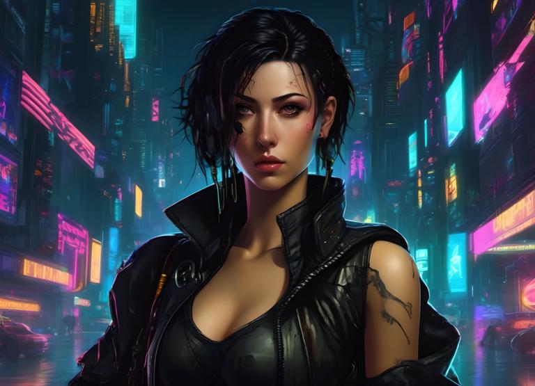 Cyberpunk,Cyberpunk, Ljudje, ženska, 1 dekle, cyberpunk, prsi, Črni lasje, solo, jakna, uhani, nakit, cepitev