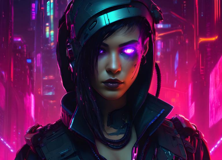 Cyberpunk,Cyberpunk, Oameni, femeie, 1 fata, solo, cyberpunk, strălucitoare, ochi violet, glugă, buze violete