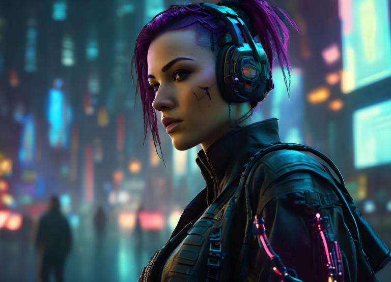 Cyberpunk,Cyberpunk, Mennesker, kvinde, cyberpunk, 1 pige, sløret baggrund, sløret, lilla hår, kort hår