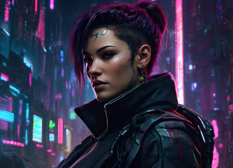 Cyberpunk,Cyberpunk, Ljudje, ženska, 1 dekle, cyberpunk, solo, neonske luči, realističen, uhani, kiborg