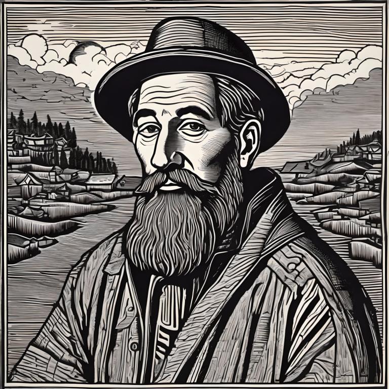 Woodcut,Woodcut, People, man, monochrome, greyscale, 1boy, facial hair, male focus, hat, beard, mustache