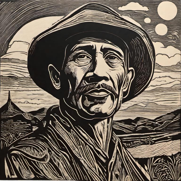 Woodcut,Woodcut, People, man, 1boy, monochrome, male focus, solo, hat, greyscale, facial hair, cloud, parody