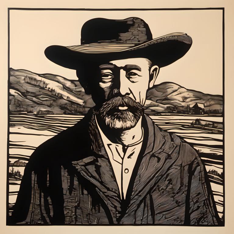 Woodcut,Woodcut, People, man, 1boy, male focus, facial hair, hat, solo, monochrome, mustache, mountain, beard