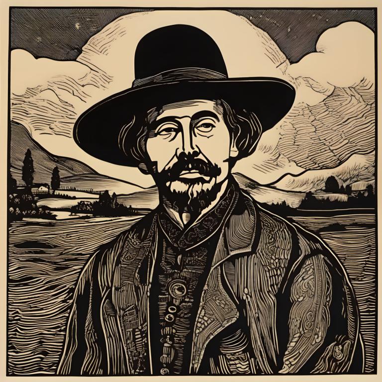 Woodcut,Woodcut, People, man, 1boy, male focus, solo, hat, monochrome, facial hair, mustache, cloud