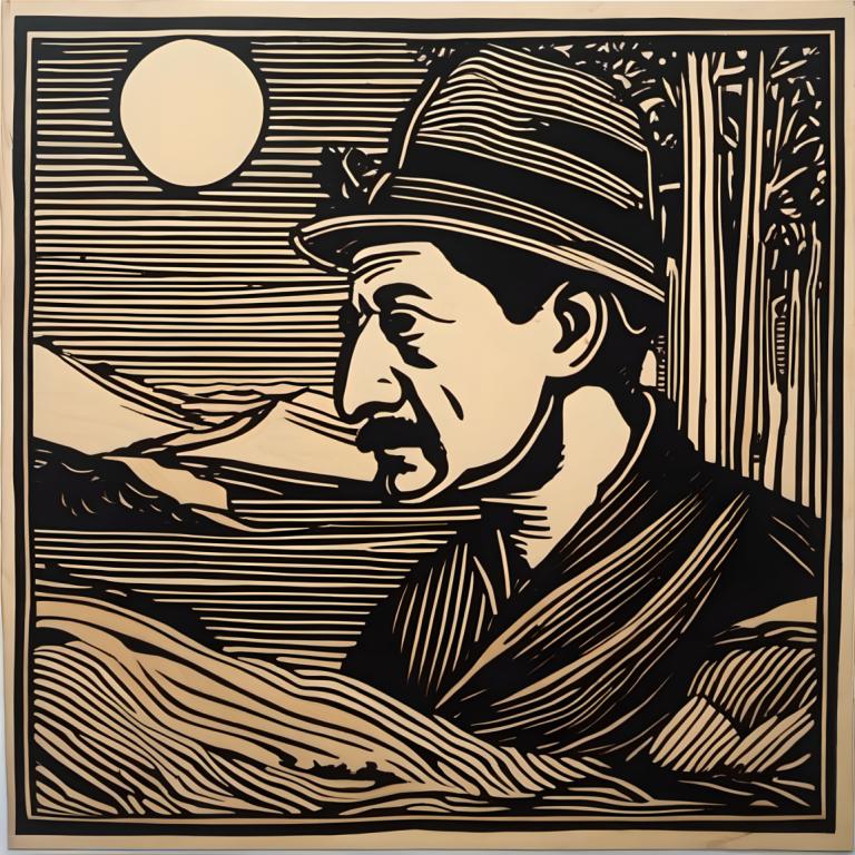 Woodcut,Woodcut, People, man, 1boy, male focus, solo, hat, monochrome, moon, facial hair, fine art parody