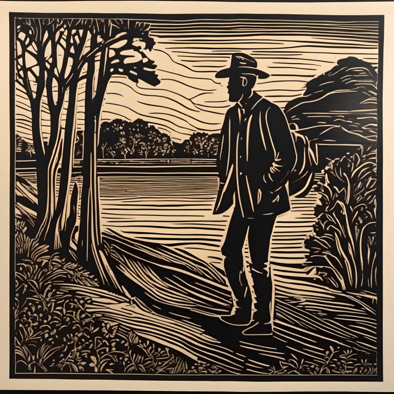 Woodcut,Woodcut, People, man, 1boy, solo, hat, male focus, tree, monochrome, outdoors, fedora, hand in pocket