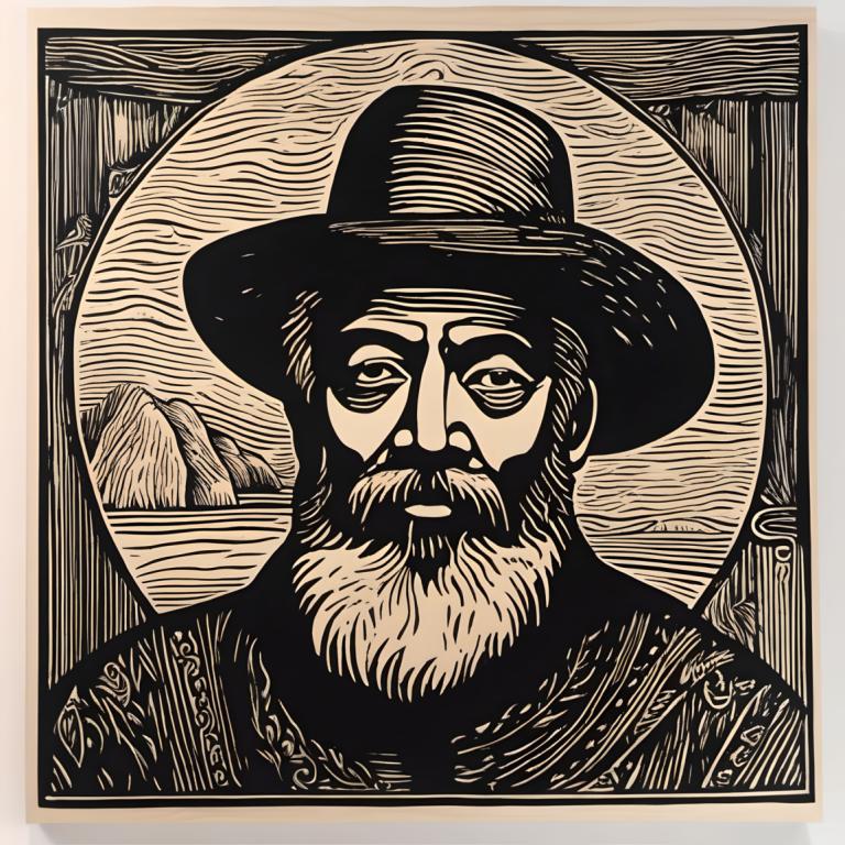 Woodcut,Woodcut, People, man, 1boy, male focus, facial hair, beard, solo, hat, monochrome, mustache