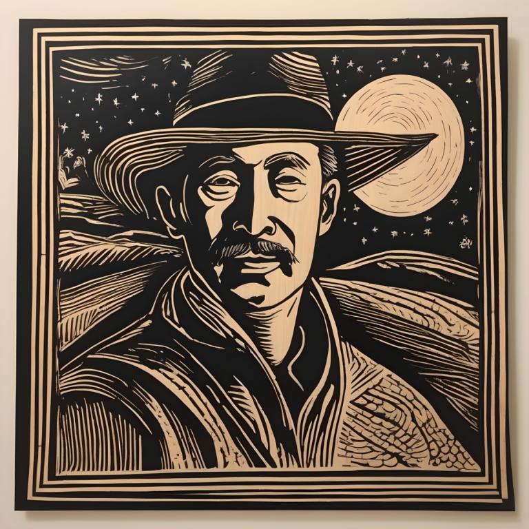 Woodcut,Woodcut, People, man, 1boy, male focus, solo, hat, monochrome, facial hair, moon, mustache