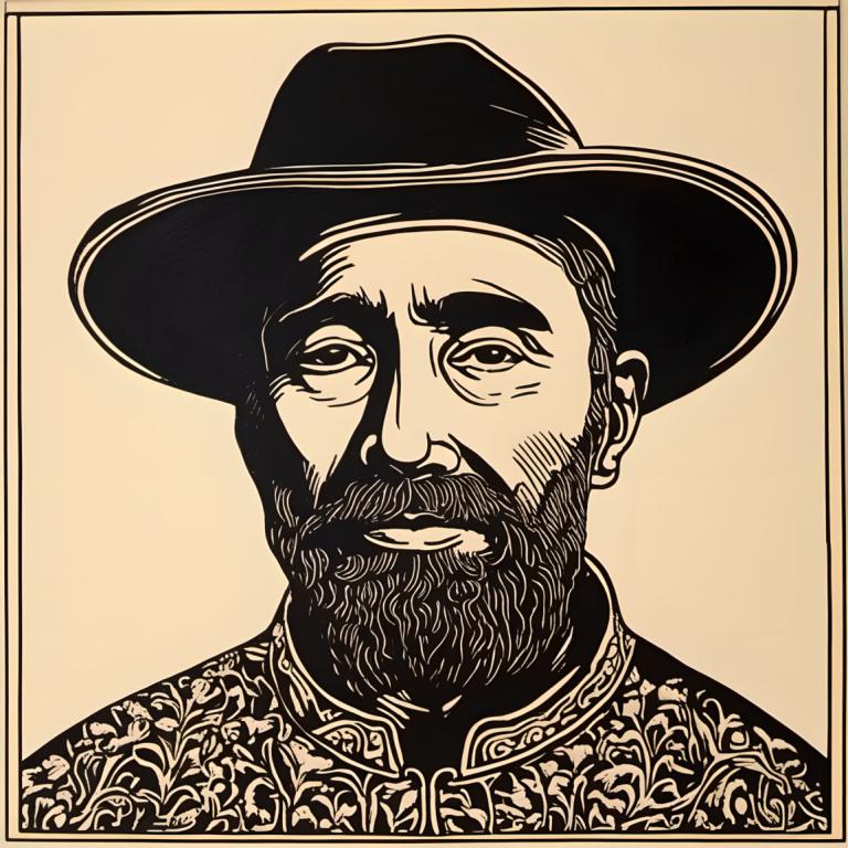 Woodcut,Woodcut, People, man, 1boy, male focus, facial hair, solo, hat, monochrome, beard, mustache, portrait