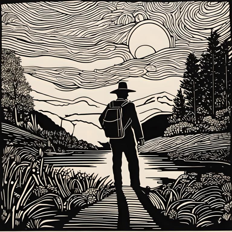 Woodcut,Woodcut, People, man, monochrome, greyscale, hat, 1boy, solo, outdoors, male focus, tree, bag