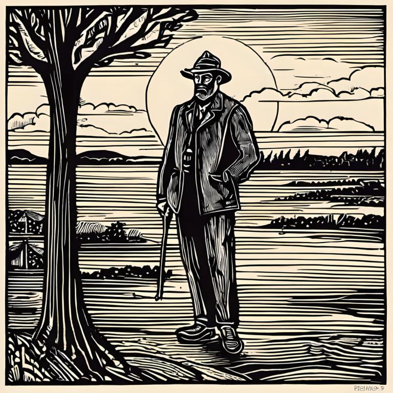 Woodcut,Woodcut, People, man, monochrome, greyscale, 1boy, hat, tree, male focus, solo, fedora, necktie