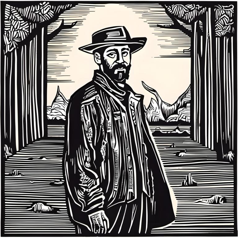 Woodcut,Woodcut, People, man, monochrome, greyscale, hat, 1boy, male focus, solo