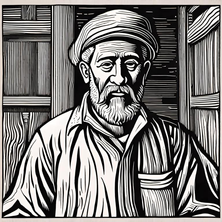 Woodcut,Woodcut, People, man, monochrome, greyscale, 1boy, male focus, facial hair, beard, solo, bookshelf