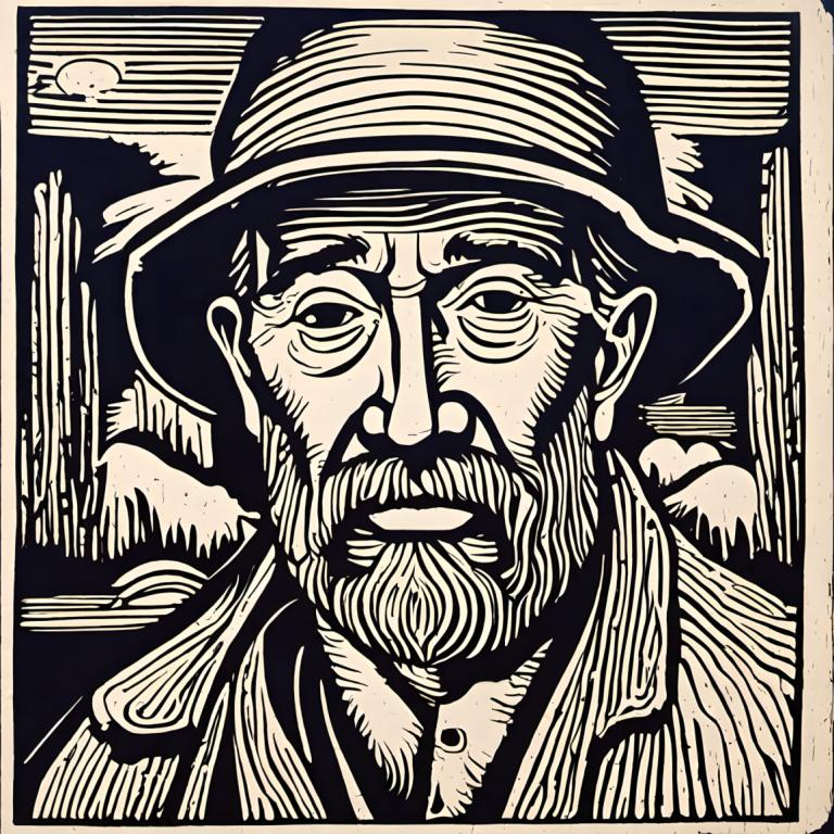 Woodcut,Woodcut, People, man, monochrome, 1boy, male focus, solo, greyscale, hat, facial hair, beard