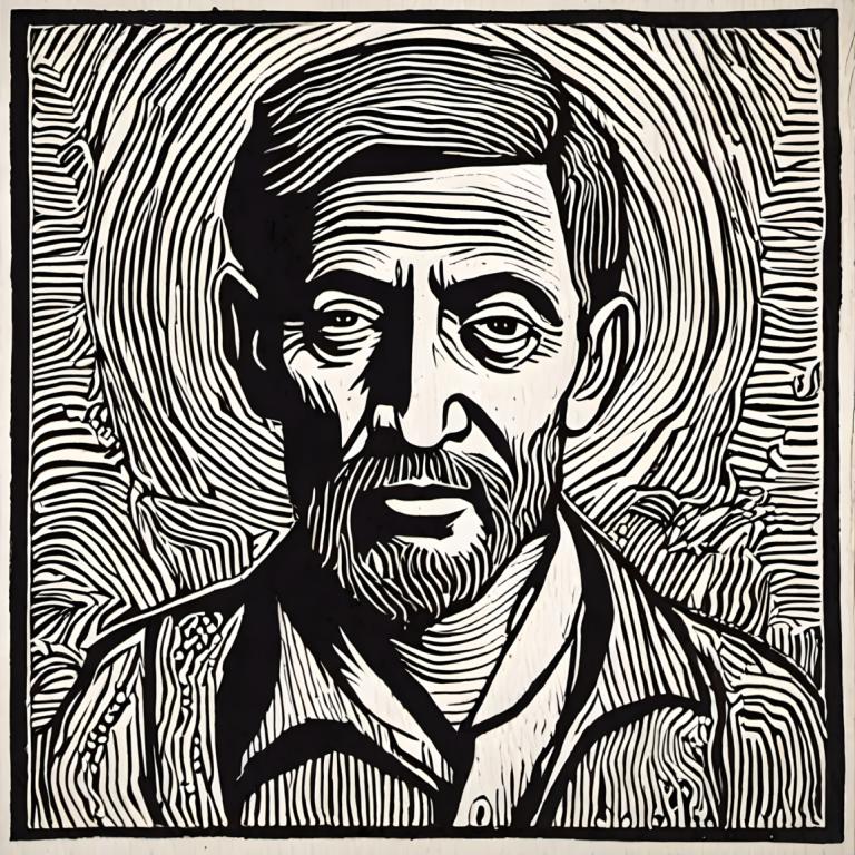 Woodcut,Woodcut, People, man, monochrome, greyscale, 1boy, male focus, solo, facial hair, mustache, border