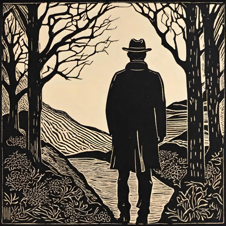 Woodcut,Woodcut, People, man, solo, hat, 1boy, tree, monochrome, male focus, from behind, flower, greyscale