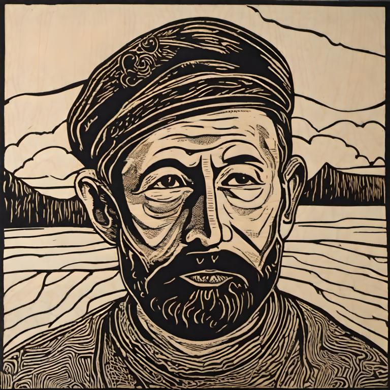 Woodcut,Woodcut, People, man, 1boy, solo, male focus, monochrome, hat, greyscale, looking at viewer, parody