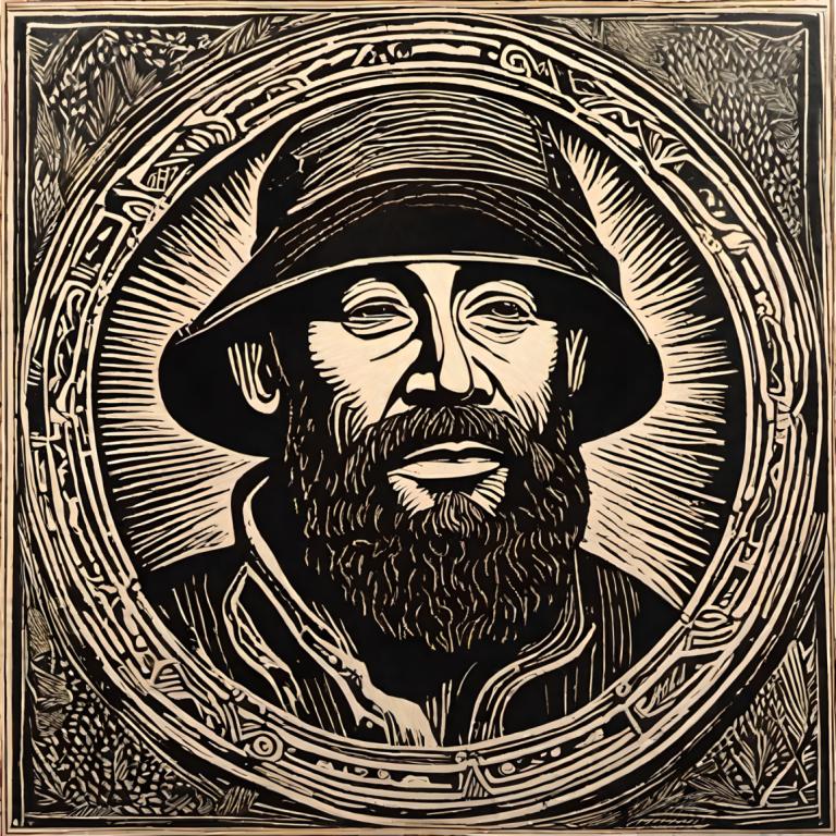 Woodcut,Woodcut, People, man, facial hair, 1boy, monochrome, male focus, beard, solo, hat, greyscale, mustache