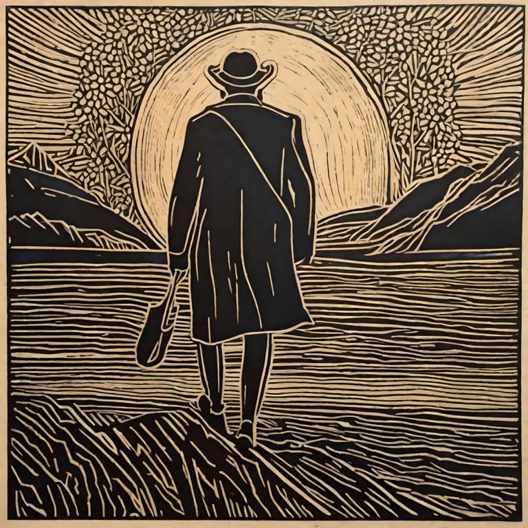 Woodcut,Woodcut, People, man, hat, solo, 1boy, male focus, monochrome, from behind, bag, standing, border