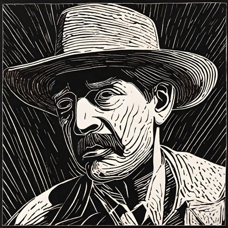 Woodcut,Woodcut, People, man, monochrome, hat, 1boy, solo, greyscale, male focus, facial hair, portrait