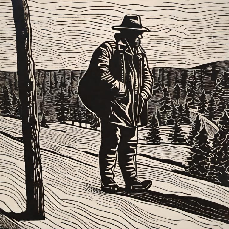 Woodcut,Woodcut, People, man, monochrome, 1boy, male focus, hat, solo, greyscale, hands in pockets, jacket