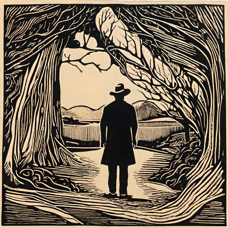 Woodcut,Woodcut, People, man, hat, solo, monochrome, tree, silhouette, 1boy, greyscale, standing, male focus