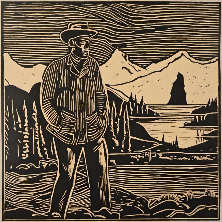 Woodcut,Woodcut, People, man, monochrome, solo, 1boy, mountain