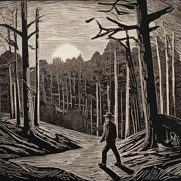 Woodcut,Woodcut, People, man, 1boy, monochrome, tree, walking, male focus, greyscale, outdoors, solo, nature