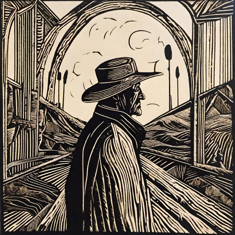 Woodcut,Woodcut, People, man, monochrome, greyscale, hat, solo, 1boy, moon, male focus, no humans