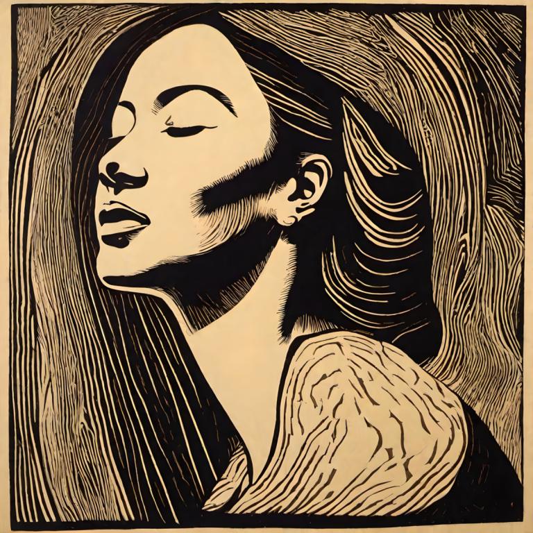 Woodcut,Woodcut, People, woman, solo, 1girl, closed eyes, monochrome, long hair, earrings, jewelry